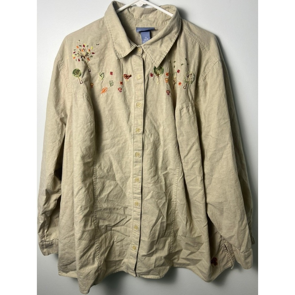 VTG Button Down Shirt Wm 3X Beige Embroidered Nature Fall Autumn Seasons Festive